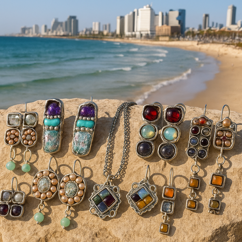 Bluenoemi Sterling Silver Clip-On Earrings with Roman Glass & Gemstones | Handmade Israeli Jewelry by Bluenoemi