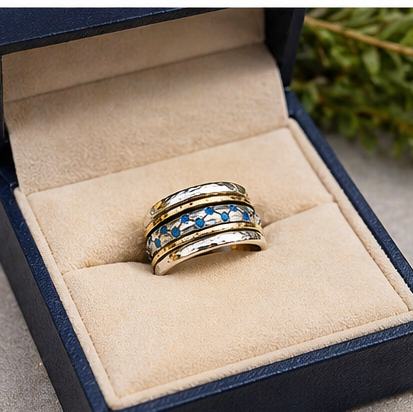 Blue Opal Spinner Ring in Sterling Silver & Gold | Handmade Israeli Meditation Ring - Bluenoemi Jewelry Jewelry Bluenoemi Bluenoemi  israeli sterling silver jewellery jewelry handmade jewel