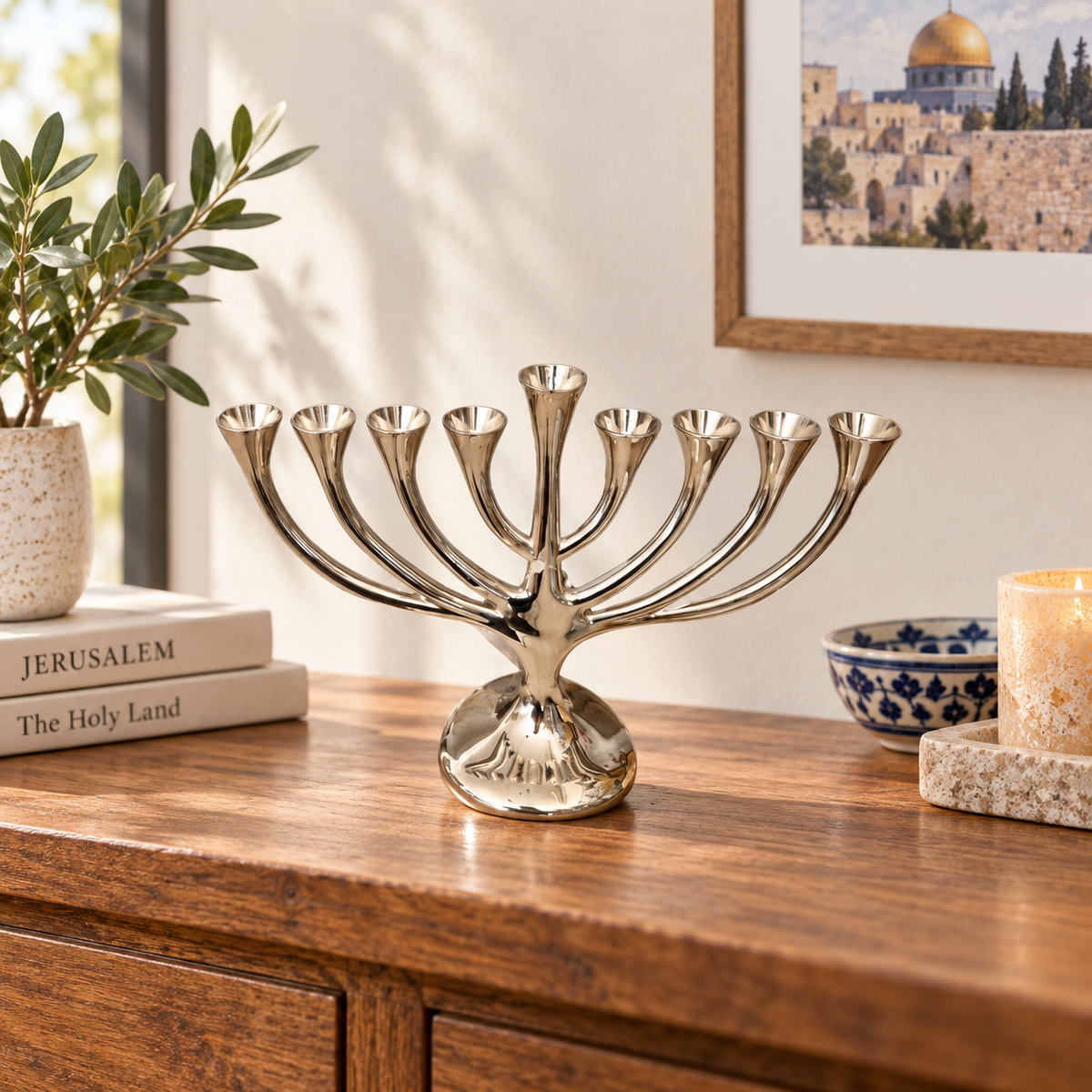 Candles Holder Menorah from the Holy Land - Jerusalem Menorah - Silver Plated - Bluenoemi Jewelry Home-Decor Bluenoemi Bluenoemi  israeli sterling silver jewellery jewelry handmade jewel