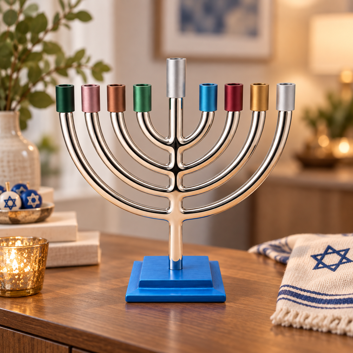 Hanukkah Menorah – Silver Plated with Colorful Candle Holders – Made in Israel