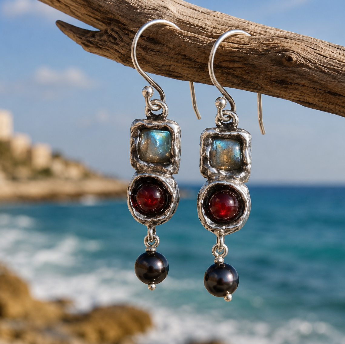 Sterling Silver Roman Glass Earrings, Gemstones  dangling