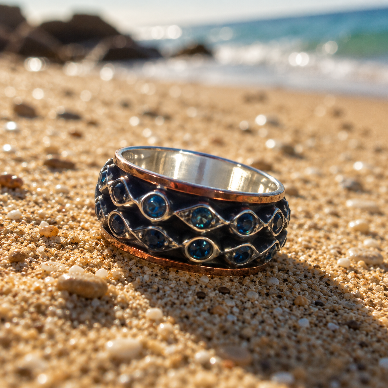 Spinner ring Sterling silver Rose gold  9K Meditation Corundum blue - Bluenoemi Jewelry Spinner Rings Bluenoemi Bluenoemi  israeli sterling silver jewellery jewelry handmade jewel
