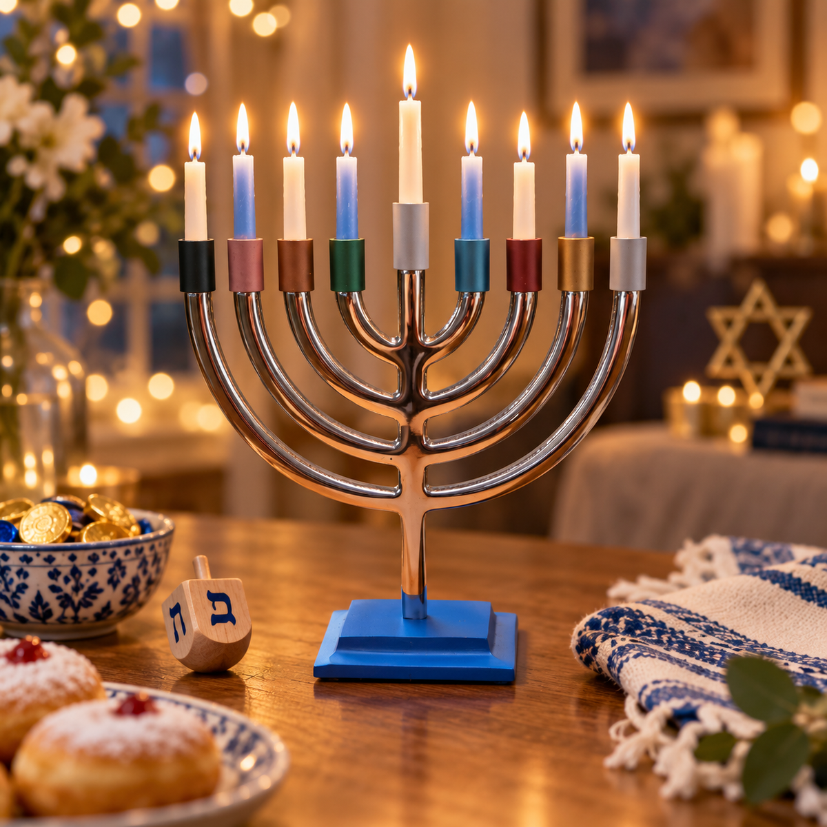 Hanukkah Menorah – Silver Plated with Colorful Candle Holders – Made in Israel