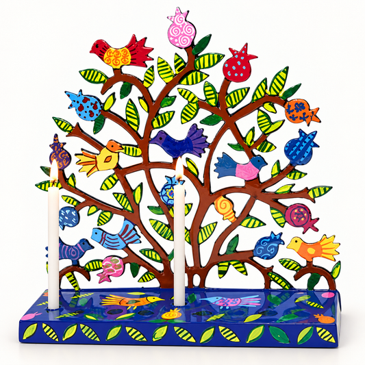 Colorful Pomegranate & Birds Hanukkah Menorah – Handmade in Jerusalem | Bluenoemi