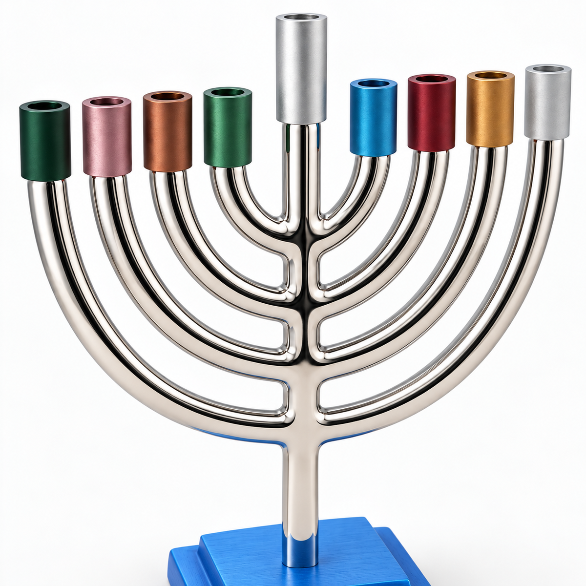 Hanukkah Menorah – Silver Plated with Colorful Candle Holders – Made in Israel