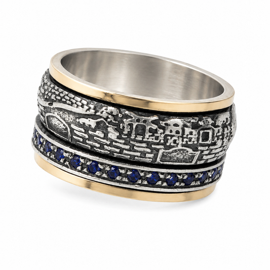 Jerusalem Spinner Ring – Sterling Silver & Gold Israeli Ring - Bluenoemi Jewelry Rings Bluenoemi Bluenoemi Jewelry  israeli sterling silver jewellery jewelry handmade jewel