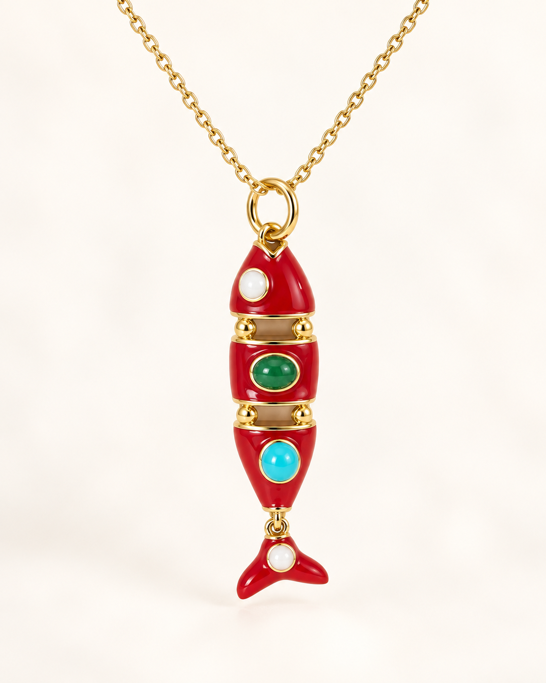 Red Fish Pendant Necklace – Gold Filled with Colorful Stones | Handmade Jewelry