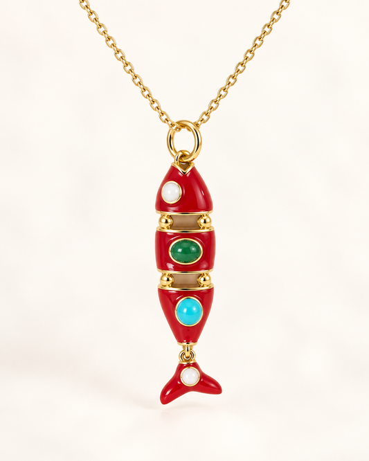 Red Fish Pendant Necklace – Gold Filled with Colorful Stones | Handmade Jewelry