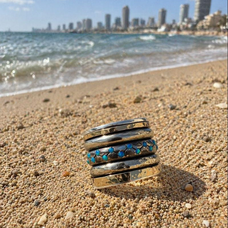 Blue Lab Opal Spinner Ring Sterling Silver & Gold – Israeli Designer Jewelry - Bluenoemi Jewelry Jewelry Bluenoemi Bluenoemi  israeli sterling silver jewellery jewelry handmade jewel