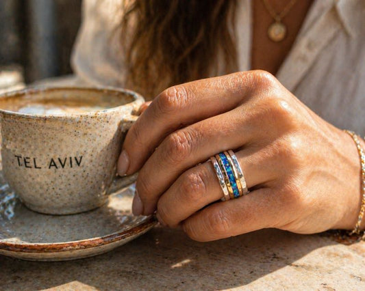 Blue Opal Spinner Ring – Sterling Silver & Gold Meditation Ring for Women