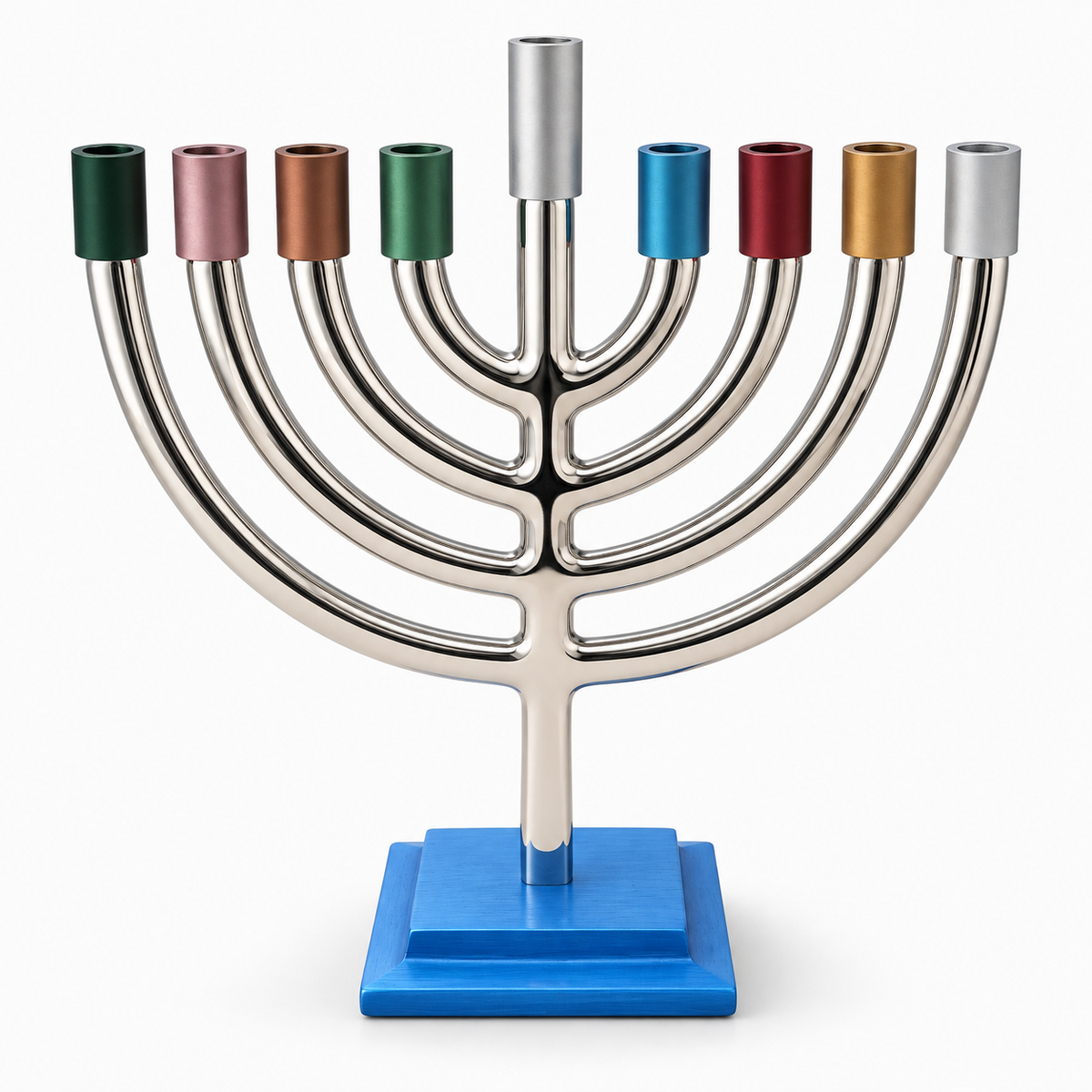 Hanukkah Menorah – Silver Plated with Colorful Candle Holders – Made in Israel