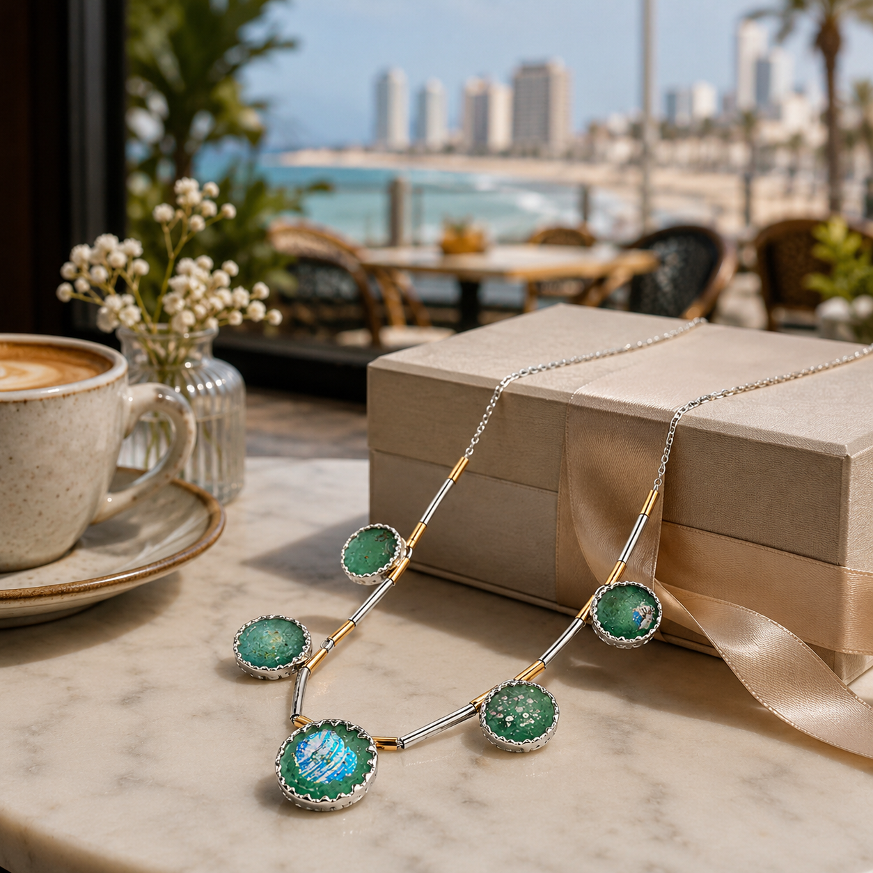 Roman glass necklace for woman in Tel Aviv