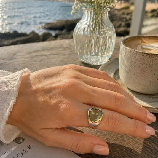 Green Amethyst Gold & Silver Ring – Handmade Israeli Designer Jewelry