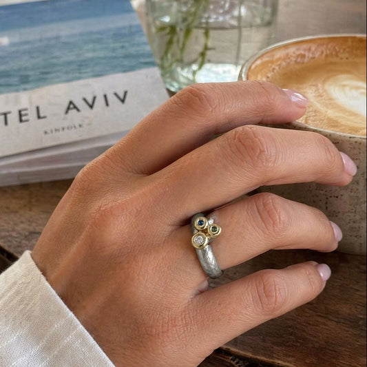 Sterling Silver & Gold set multi coloured Diamonds Statement Ring – Handmade Israeli Designer Jewelry
