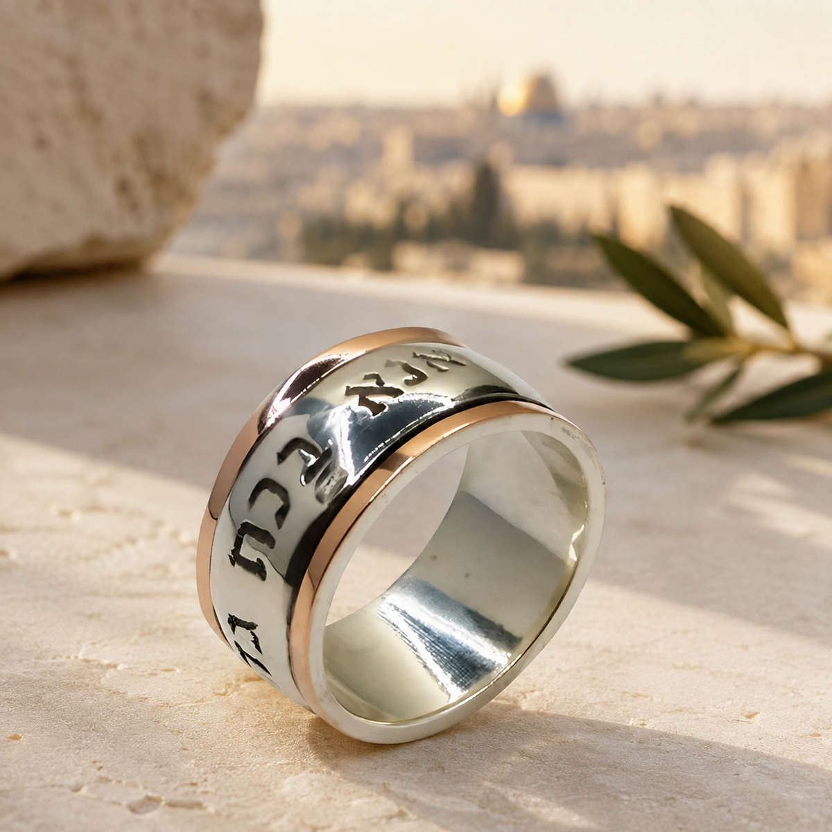 Close-up of Hebrew engraving on sterling silver and gold spinner ring