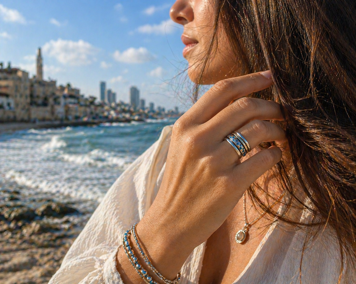 Blue Opal Spinner Ring – Sterling Silver & Gold | Handmade in Israel | Bluenoemi
