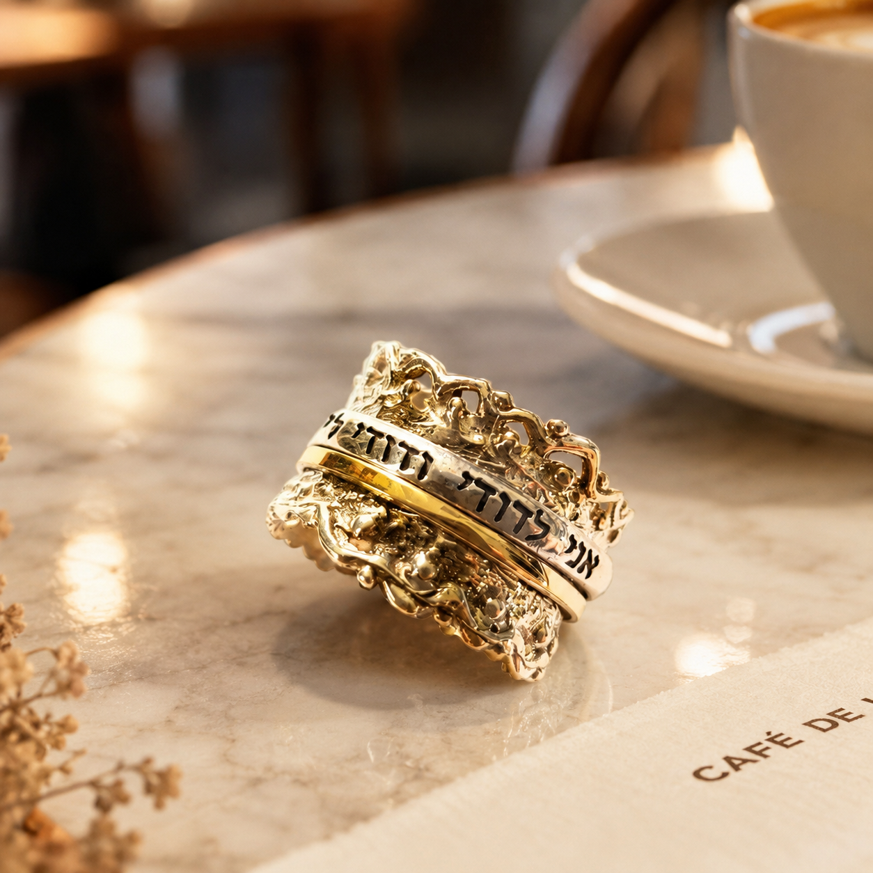 Sterling silver and gold blessing ring on a café table