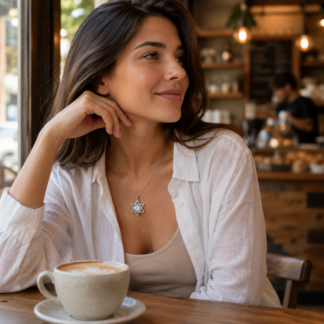 Star of David necklace with Roman gass on a woman in Te Aviv