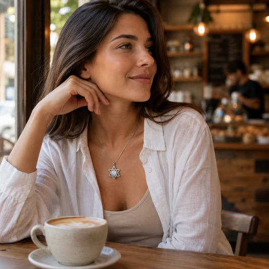 Star of David necklace with Roman gass on a woman in Te Aviv