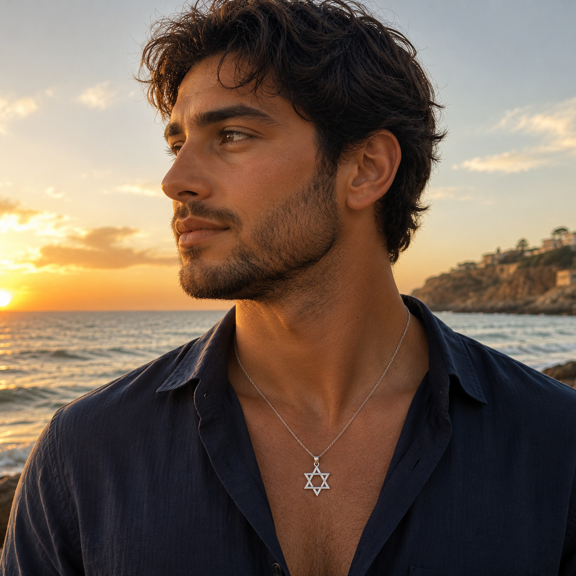 Silver Star of David necklace on a man in Tel Aviv 