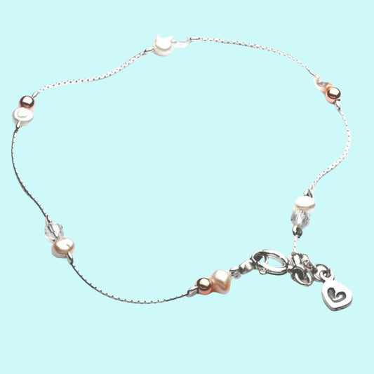 Sterling Silver Heart Charm Pearl Anklet - Bluenoemi