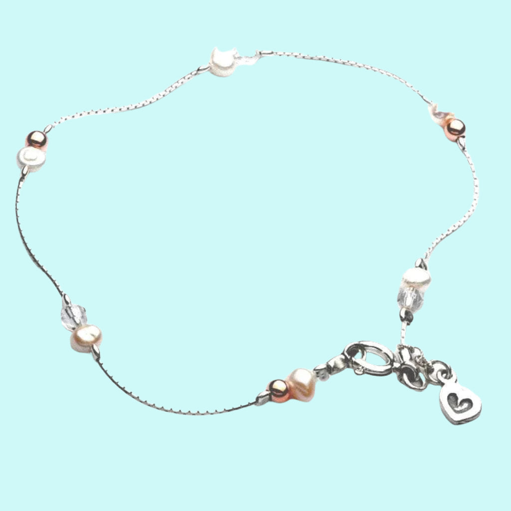 Bluenoemi Anklets silver Sterling Silver Heart Charm Pearl Anklet