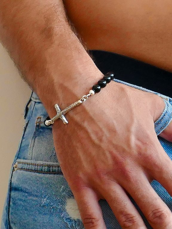 Bluenoemi Bracelets onyx Bracelet for Man Silver and Onyx Bracelets for Men.