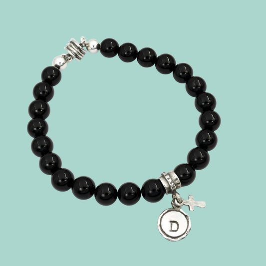 Bluenoemi Bracelets onyx Bracelet for Man Silver Initial Charm & a Cross Charm Onyx Bracelets for Men.