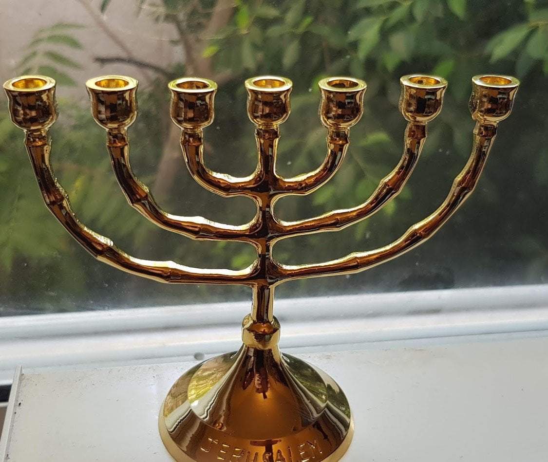 Bluenoemi Candlesholder gold Menorah from the Holy Land - Jerusalem Menorah seven candles Christian Gift
