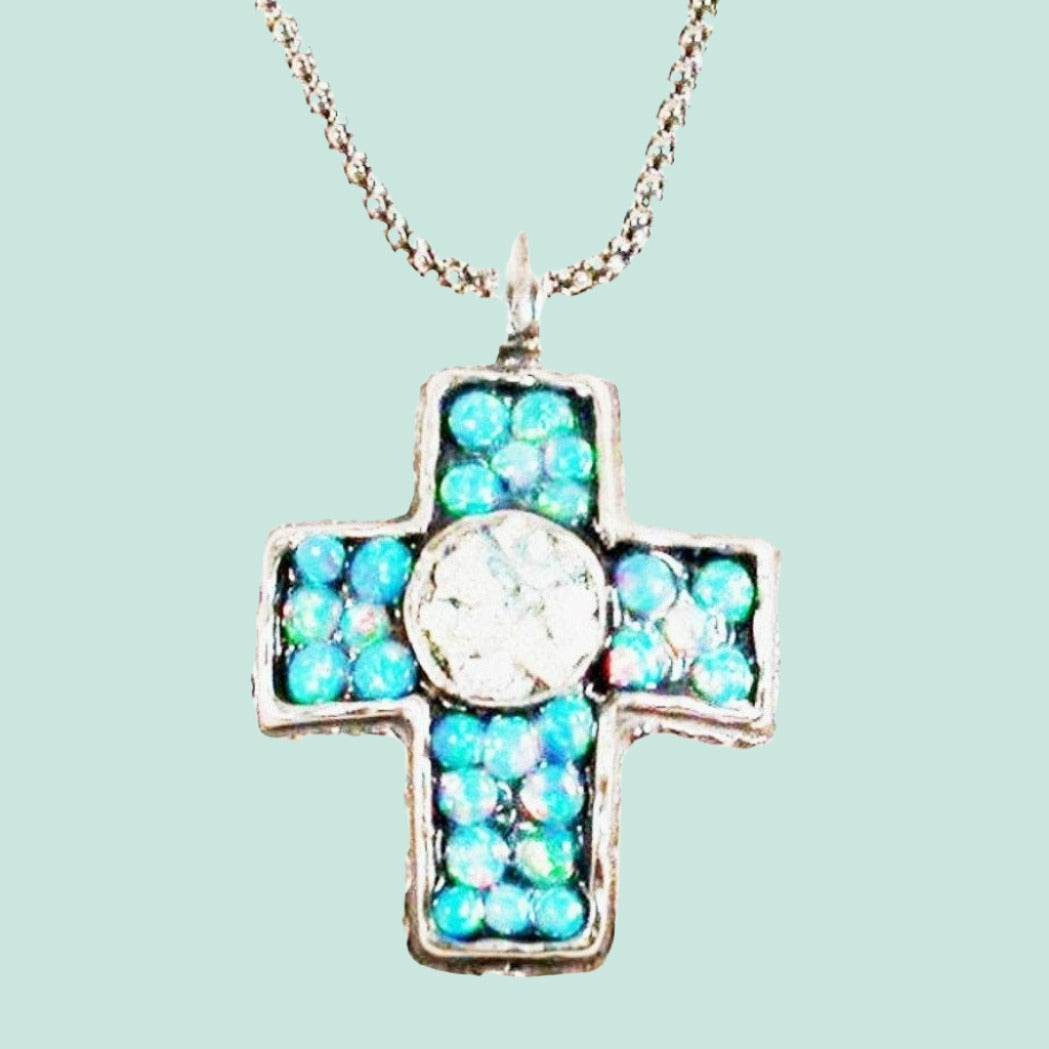 Roman glass pendant Bluenoemi cross necklace turquoise Cross pendant on a silver chain 