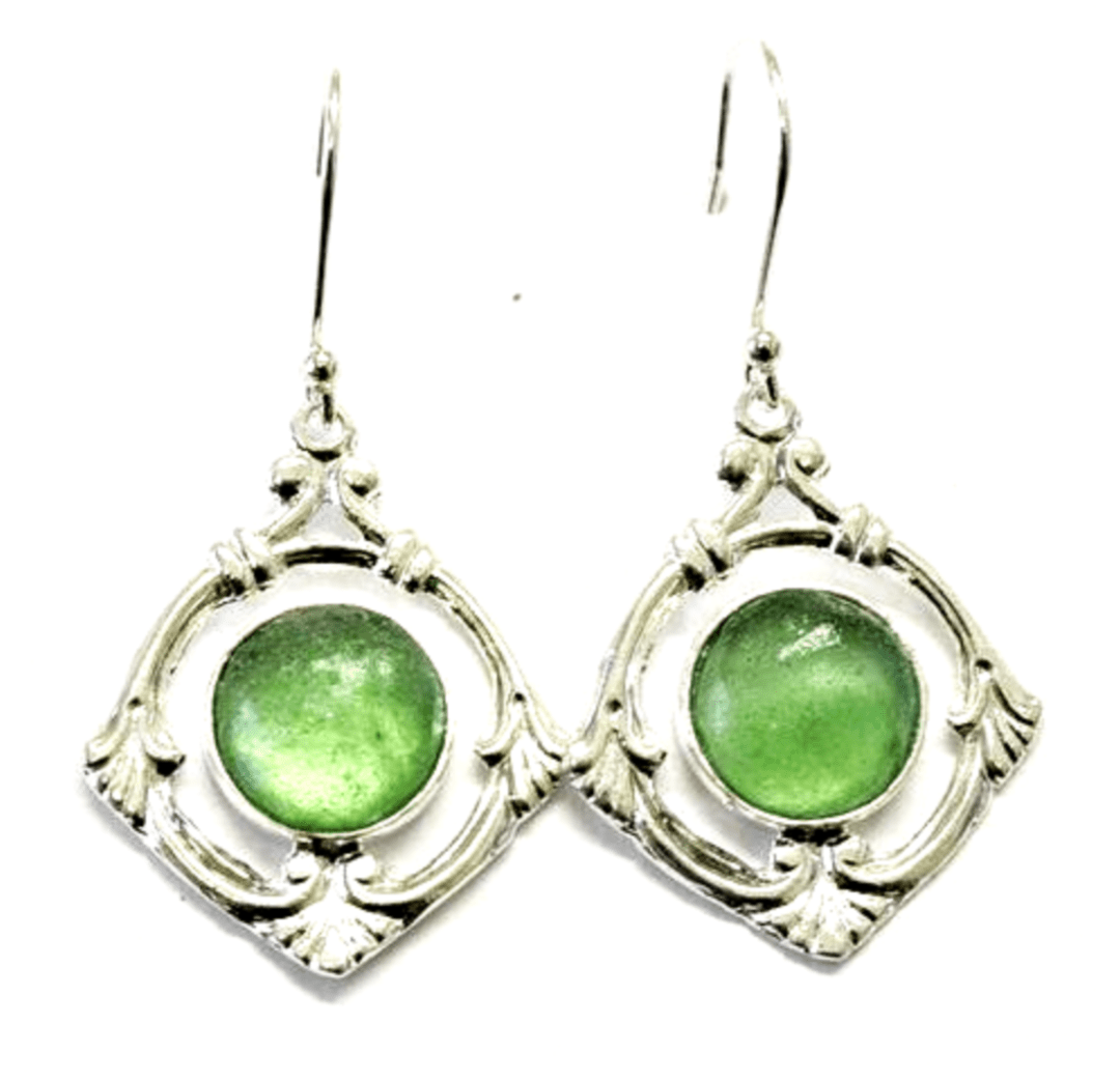 Bluenoemi Earrings Adorable roman glass silver earrings / 3 cm / green Roman glass earrings Israeli jewelry sterling silver earring