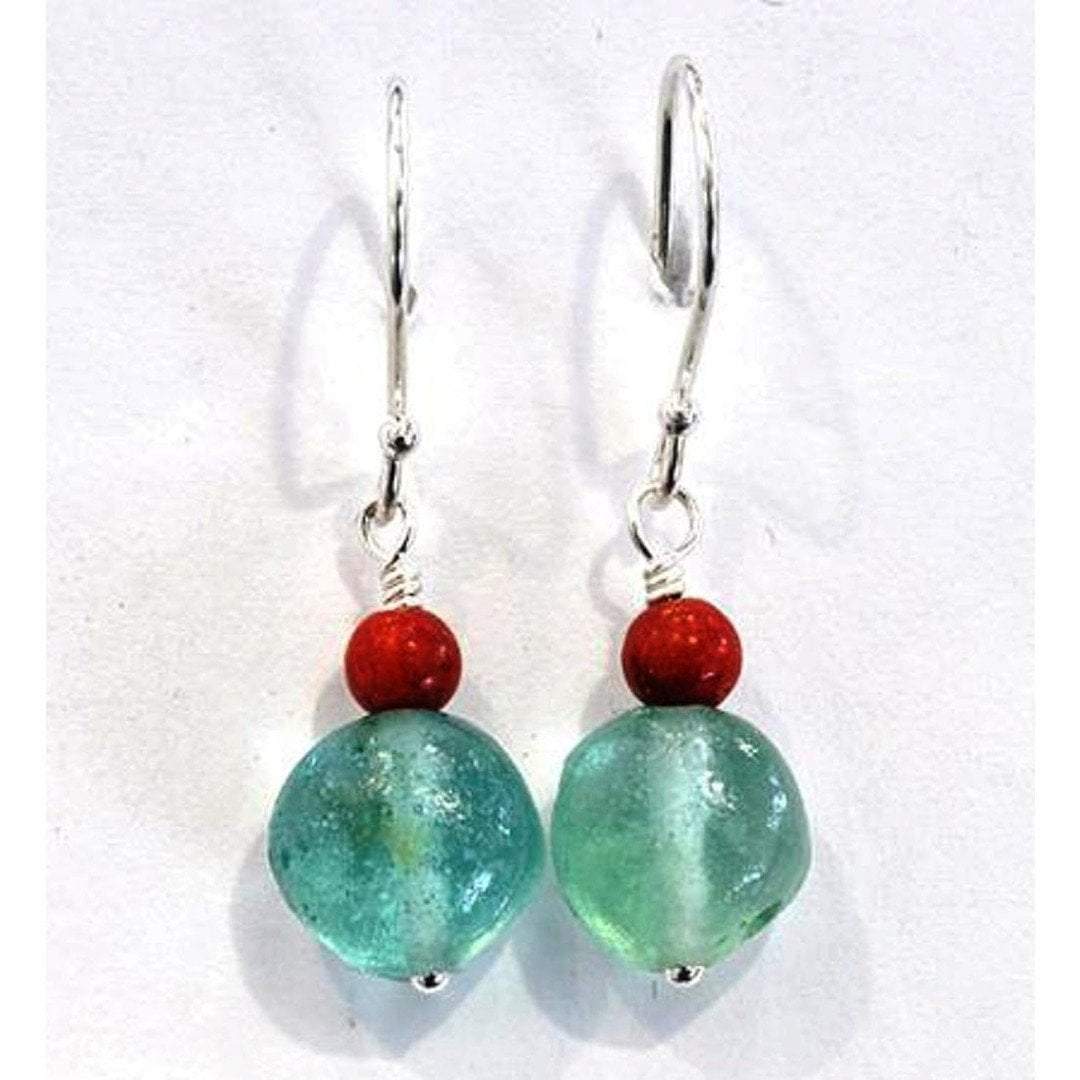 Bluenoemi Earrings Default Title / green Roman glass earrings, sterling silver earrings,  Israeli roman glass jewelry with coral