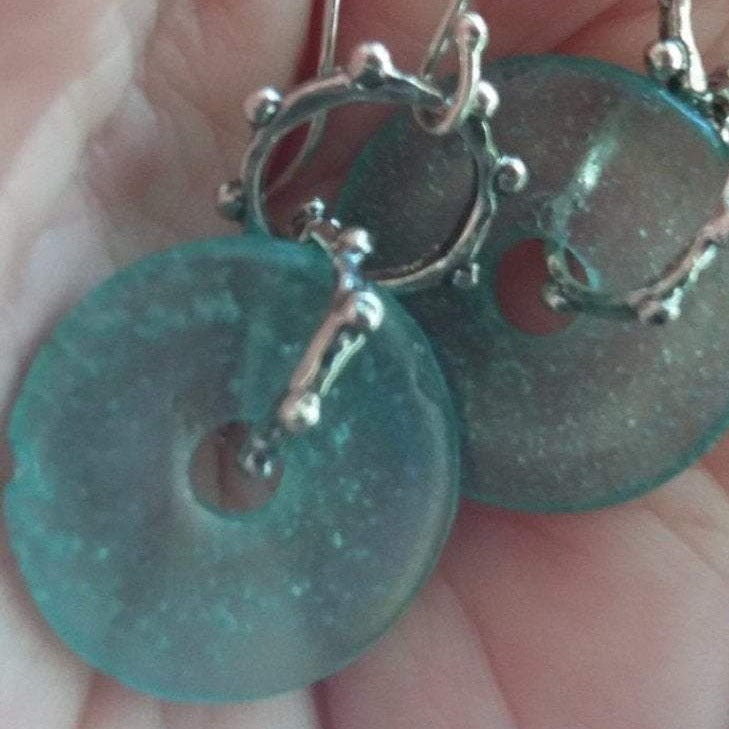 Bluenoemi Earrings green Roman glass earrings dangling silver earrings Israeli roman glass jewelry