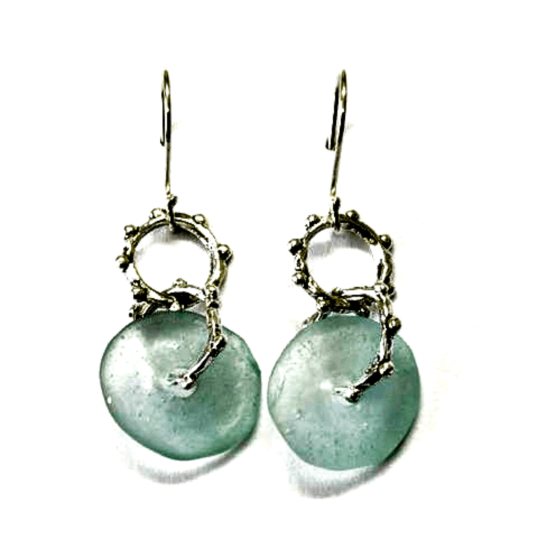 Bluenoemi Earrings green Roman glass earrings dangling silver earrings Israeli roman glass jewelry