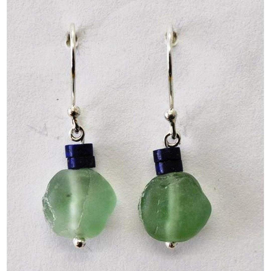 Bluenoemi Earrings Green Roman glass earrings dangling silver earrings Israeli roman glass jewelry with lapis