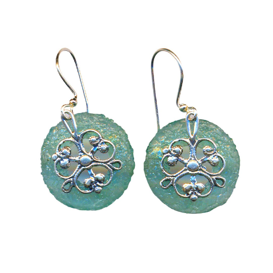 Bluenoemi Earrings green Sterling silver earrings "roman glass earrings " Israeli handwork for women.