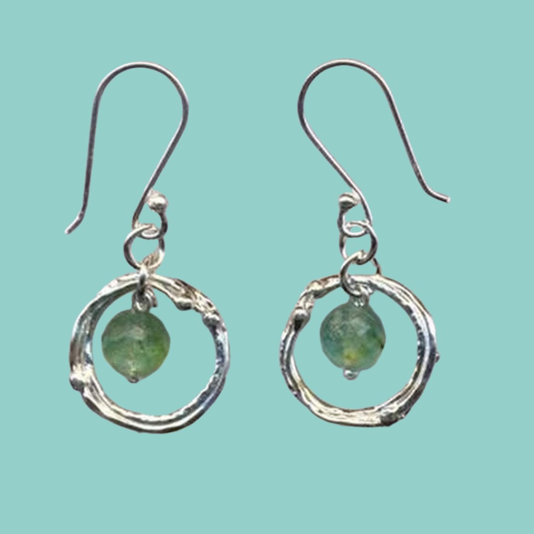 Bluenoemi Earrings Roman Glass silver earrings / 3 cm / green Roman glass earrings Israeli jewelry sterling silver earring