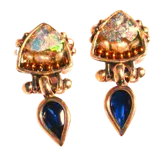 Bluenoemi Earrings Roman Glass silver pomegranate dangle earrings / blue / dangling Sterling Silver Earrings, Roman Glass with Pearls and CZ amethyst, Stud Dangling Earrings