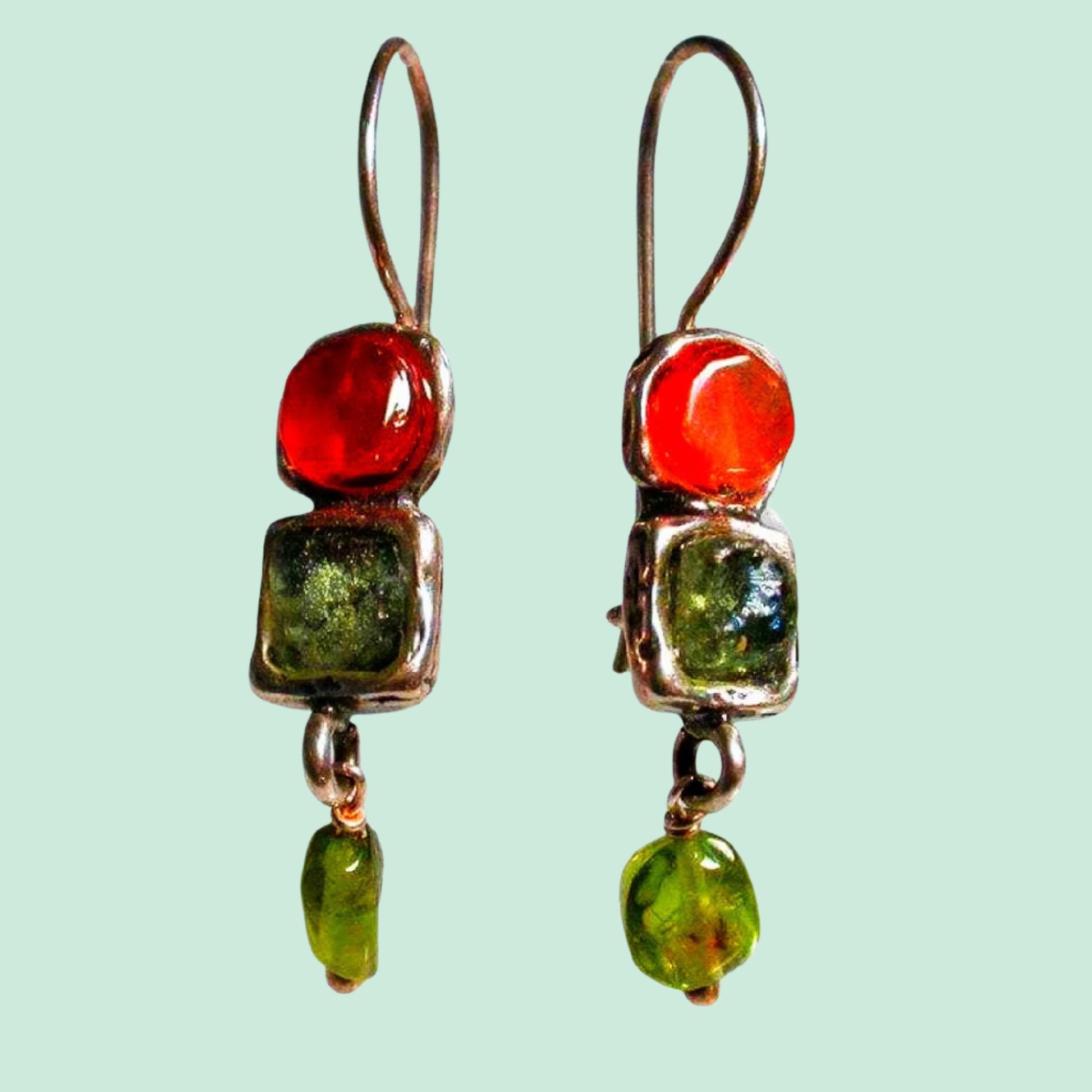 Sterling Silver Earrings, Roman Glass Earrings cornelian, Peridot - Bluenoemi