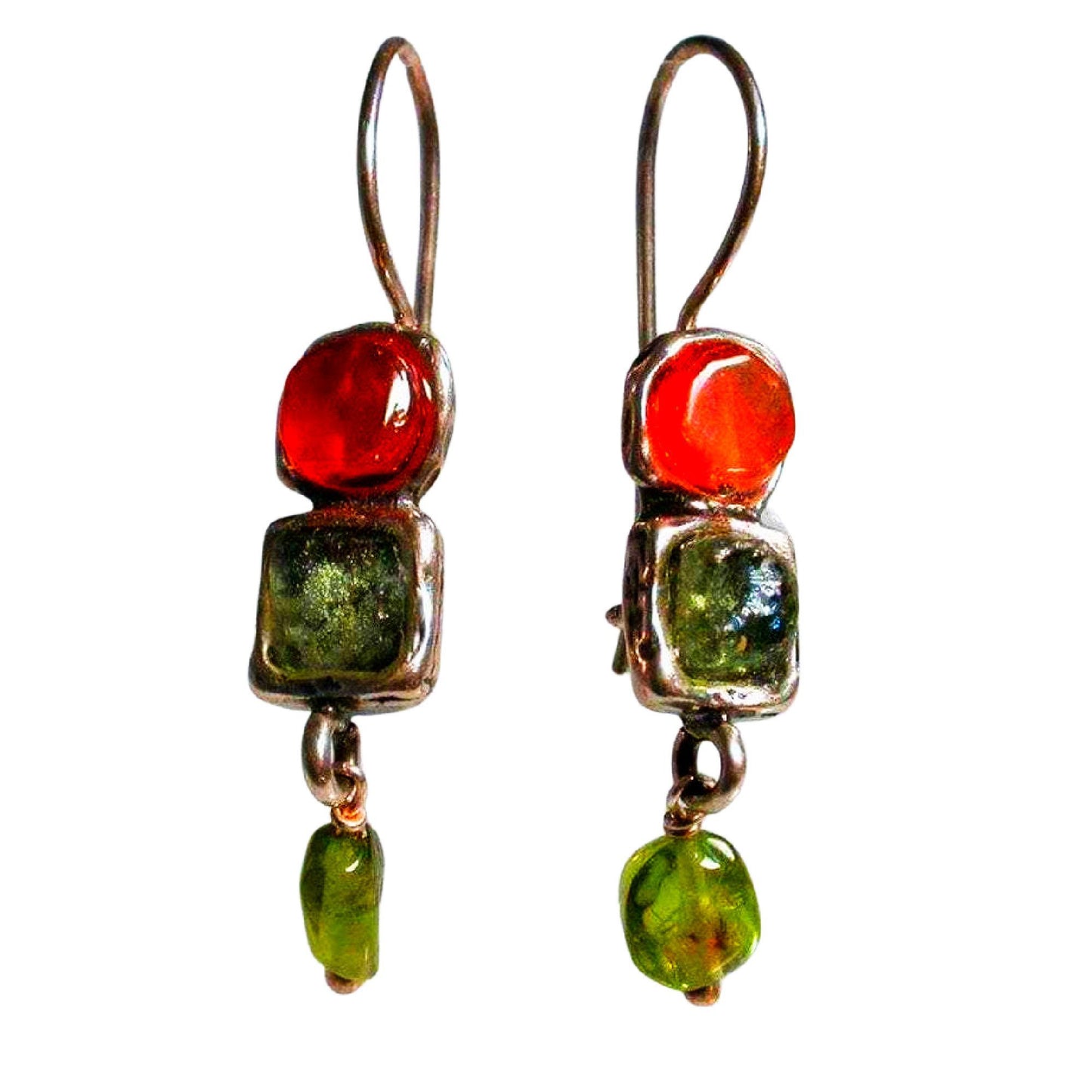 Bluenoemi Earrings Roman Glass silver pomegranate dangle earrings / red / dangling Sterling Silver Earrings, Roman Glass Earrings cornelian, Peridot