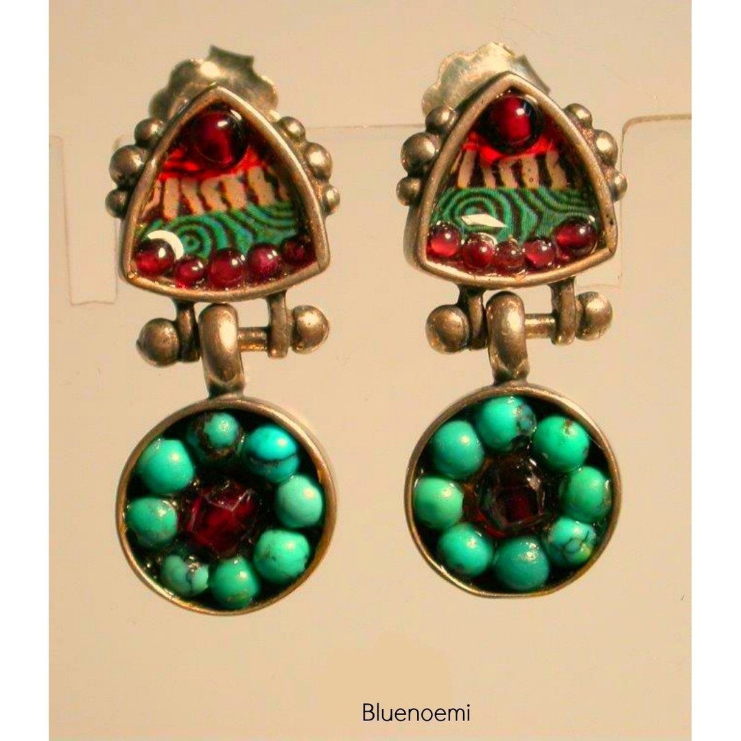 Bluenoemi Earrings Roman Glass silver pomegranate dangle earrings / red / dangling Sterling Silver Earrings, Turquoises and Garnets,