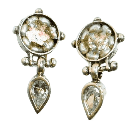 Bluenoemi Earrings Roman Glass silver pomegranate dangle earrings / white Sterling Silver Earrings, Pearls, Stud Dangling Earrings  Israeli Jewelry