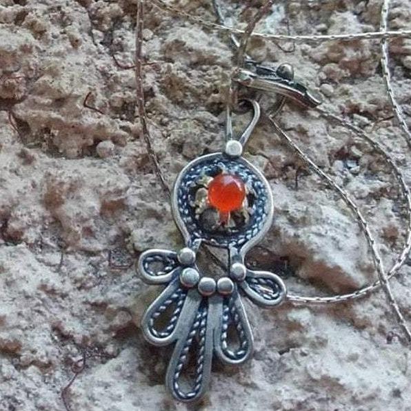 Sterling Silver Chain and Pendant Necklace Israeli Hamsa jewelry designer filigree opal /cornelian/ garnet / amethyst / lapis - Bluenoemi