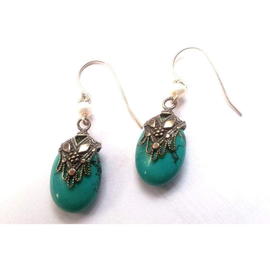 Bluenoemi Earrings turquoise Silver earrings / earrings for woman / Silver Ethnic Earrings Hamssah Filigree Turquoise & Pearl