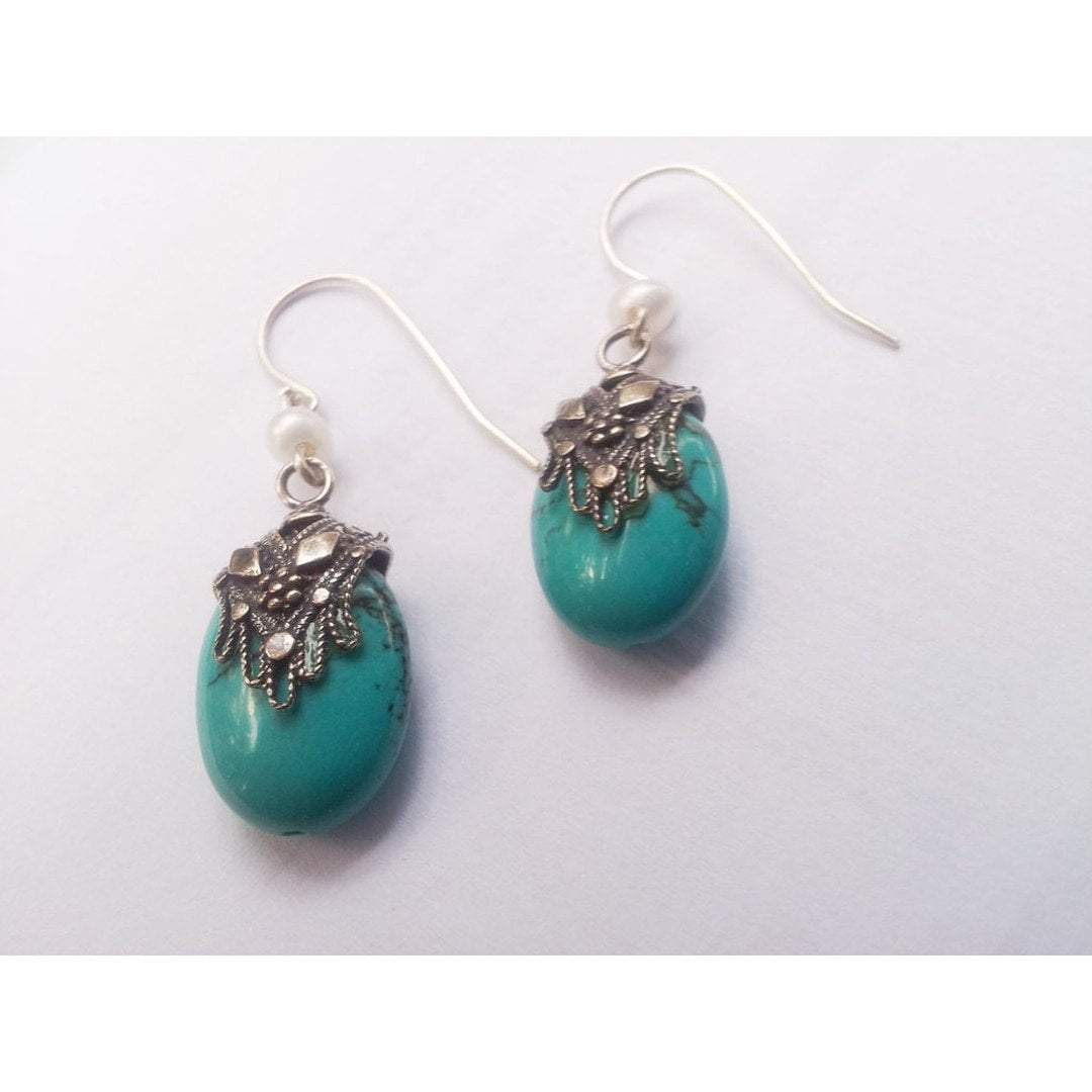 Bluenoemi Earrings turquoise Silver earrings / earrings for woman / Silver Ethnic Earrings Hamssah Filigree Turquoise & Pearl