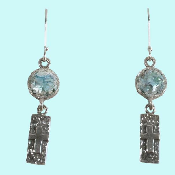 Bluenoemi Jewelry 45cm / silver Sterling Silver cross earrings from the Holy Land with Roman Glass , Christmas gift for her