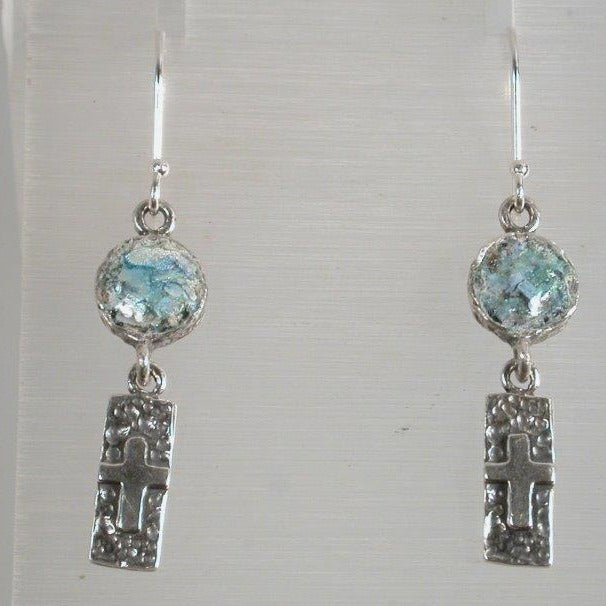 Bluenoemi Jewelry 45cm / silver Sterling Silver cross earrings from the Holy Land with Roman Glass , Christmas gift for her