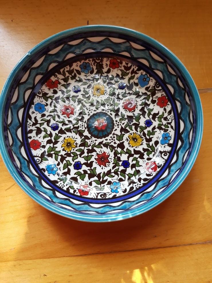 Bluenoemi Jewelry bowl 14 cm / Flowers with turquoise border Armenian handcrafted ceramic bowl for serving or decoration.