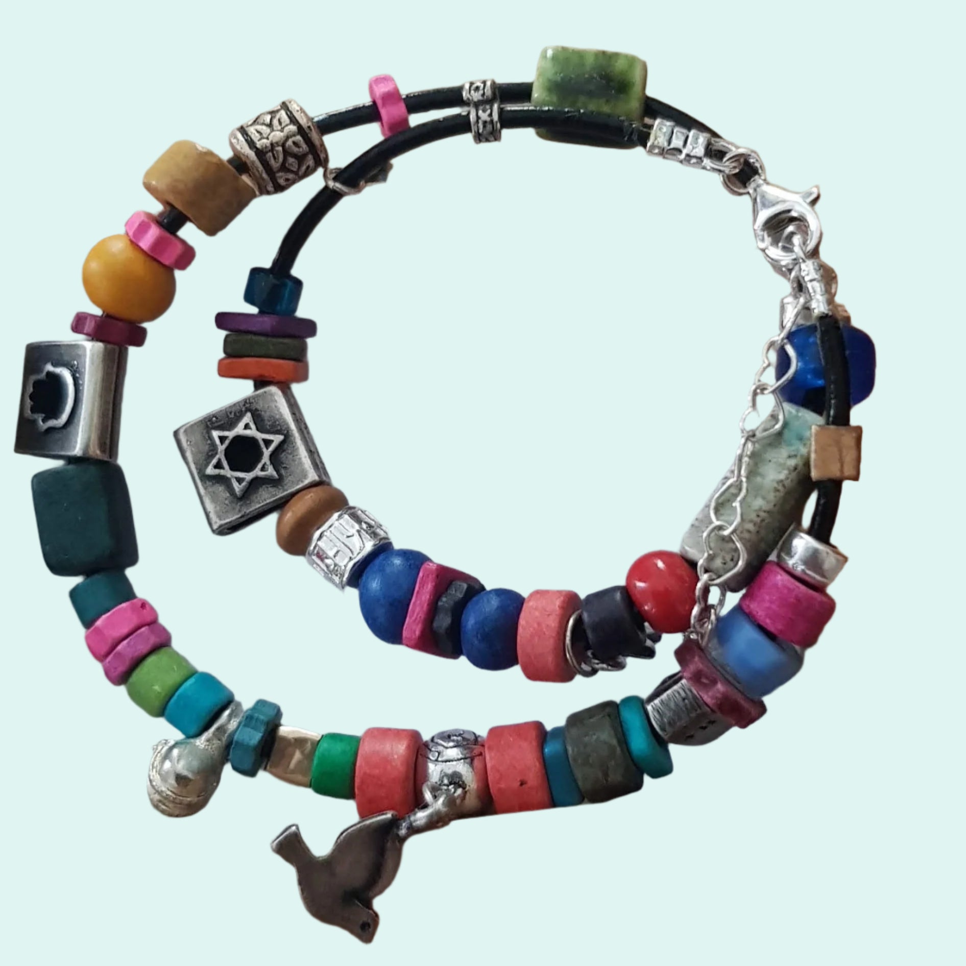Charms bracelet star of David wrapped bracelet on a leather cord - Bluenoemi