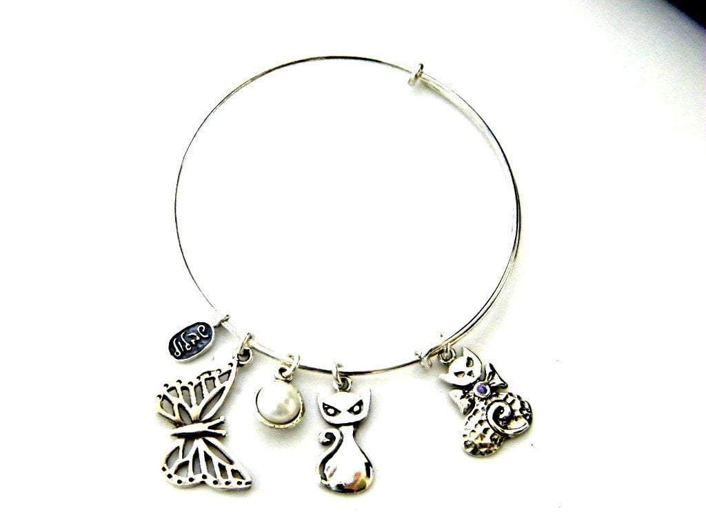 Bluenoemi Jewelry Bracelets silver Charms Bracelet, Sterling Silver Bracelets ,  Cats Charms bracelet ,  Hippie Jewelry, Naif bracelet